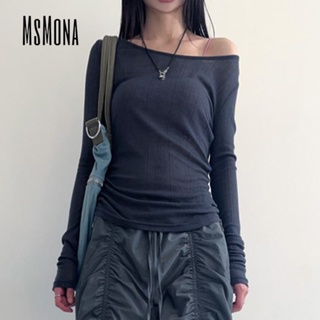 Msmona เสื้อยืดแขนยาว เปิดไหล่ เซ็กซี่ สีพื้น สําหรับผู้หญิง 2023