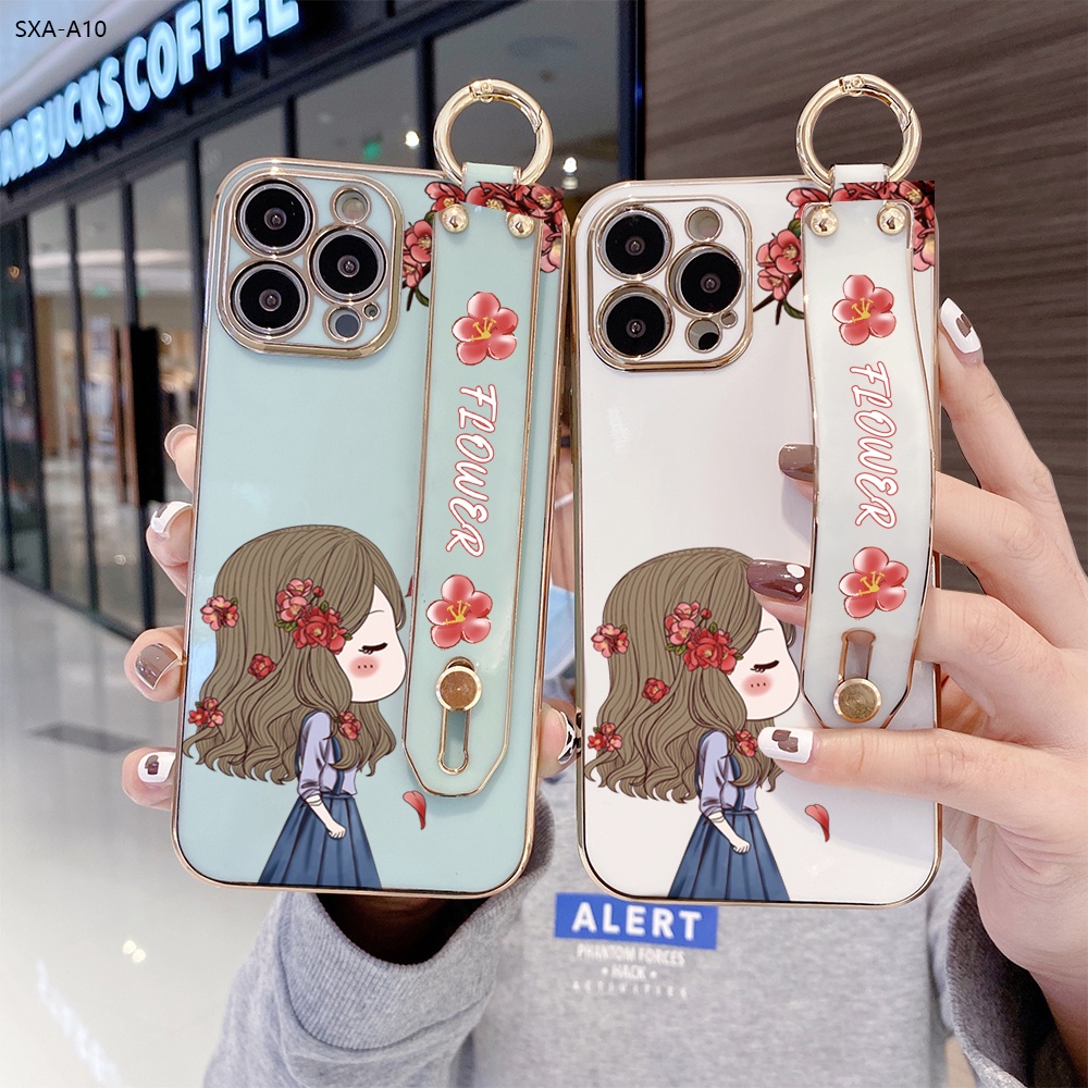 Compatible With Samsung Galaxy A10 A10S A52 A52S A22 A02 A02S M02 A20S A20 A30 A30S A50 A50S 4G 5G เคสซัมซุง สำหรับ Case Lovely Girl เคสโทรศัพท์ Wrist Strap Electroplating TPU Cases