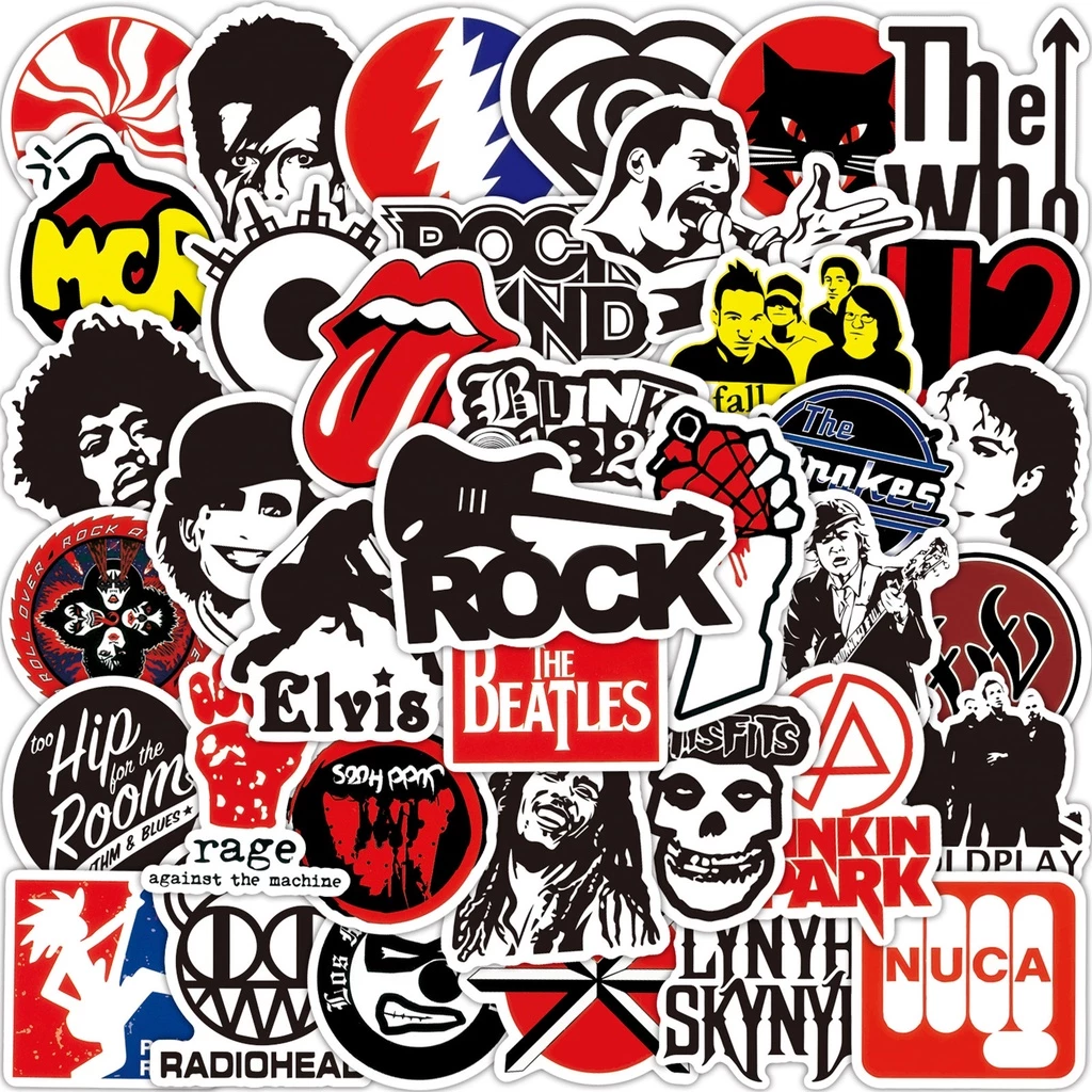 Rock Bands สติ๊กเกอร์กันน้ํา 100/50 ชิ้น, สติ๊กเกอร์เพลง Graffiti, หมวกกันน็อคกล่องดินสอจักรยาน บัญชีมือ LanLanStickersWorld