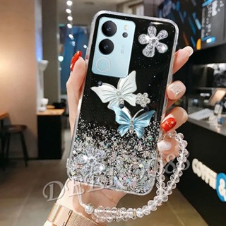 เคสโทรศัพท์มือถือ TPU นิ่ม แบบใส ปิดด้านหลัง ลายผีเสื้อ ประดับกลิตเตอร์วิบวับ พร้อมสายคล้องมือ สําหรับ VIVO V29 VIVO V29 5G