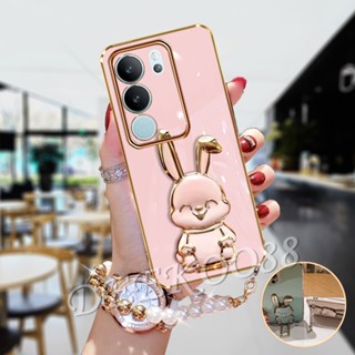 ใหม่ เคสโทรศัพท์มือถือแบบนิ่ม ลายการ์ตูนกระต่ายน่ารัก 3D พร้อมขาตั้ง และสายคล้องข้อมือ สําหรับ VIVO V29 5G VIVOV29 2023