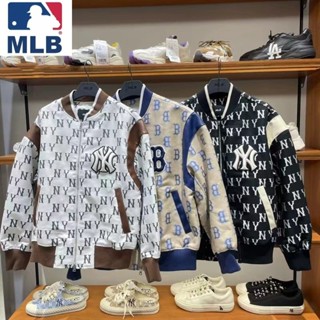 Mlb100% เสื้อแจ็กเก็ตเบสบอล ปักลายโลโก้ ขนาดใหญ่ สีตัดกัน สไตล์เรโทร สําหรับผู้ชาย และผู้หญิง