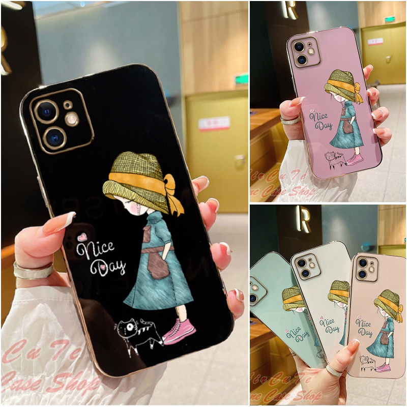 เคส VIVO V30 V29 V29e V27 V25 V23 V23e V21 V20 V19 S1 Pro IQOO Z7 Z7X 4G 5G 2020 2021 2022 2023 Plating Protect Camera Cat Girl Soft Case