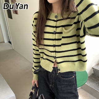 Du Yan ใหม่ เสื้อแจ็กเก็ตคาร์ดิแกน แขนยาว ลายทาง กระดุมแถวเดียว สีตัดกัน สไตล์เกาหลี สําหรับผู้หญิง