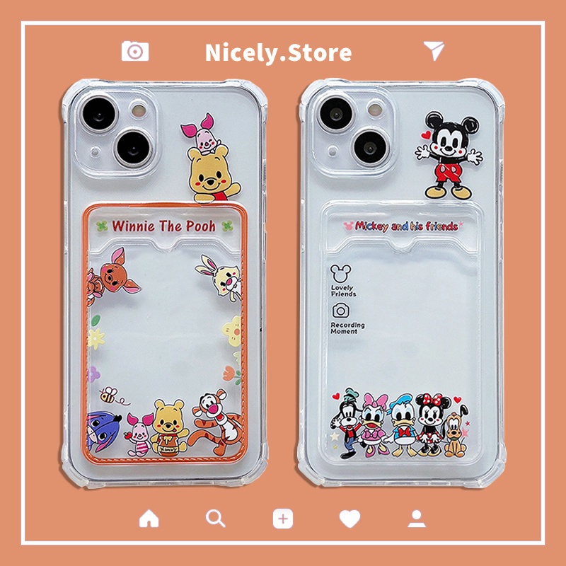 เคสโทรศัพท์มือถือ TPU ใส ลายการ์ตูนมิกกี้ วินนี่ เดอะ พูห์ มีช่องใส่บัตร สําหรับ iPhone 15 14 Plus 13 12 Pro Max 11 Xs Xr X