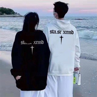เสื้อกันหนาวแขนยาว มีฮู้ด พิมพ์ลายตัวอักษรไม้กางเขน สําหรับผู้ชาย และผู้หญิง