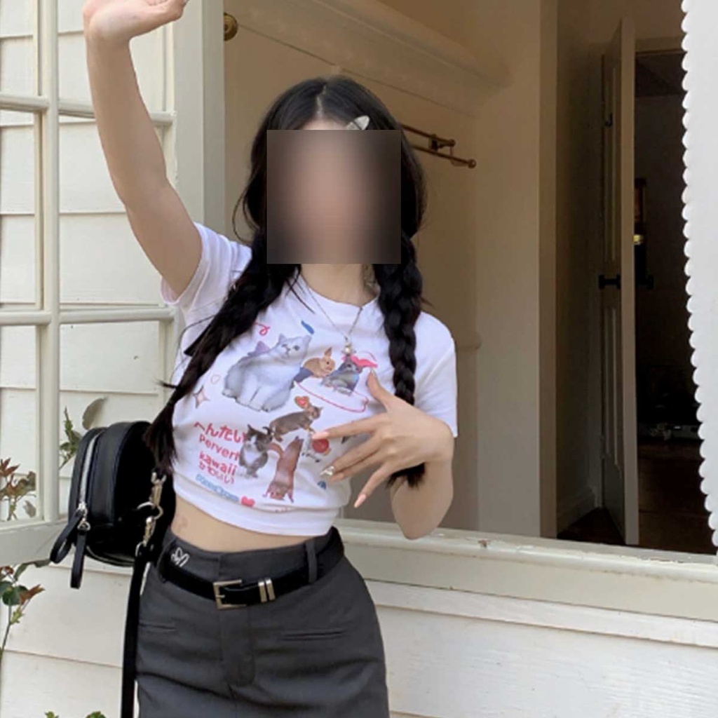 เสื้อยืดครอปสั้นผู้หญิงพิมพ์ลายสัตว์สุดน่ารัก