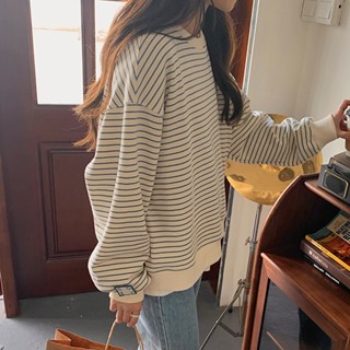 ผู้หญิงเสื้อสเวตเตอร์แขนยาวลายทาง ผอม Oversize ด้านบน