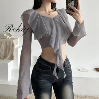 Rekiy ใหม่ เสื้อครอปท็อป คอกลม แขนยาว สีพื้น สําหรับผู้หญิง 2023