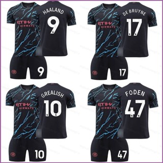 เสื้อกีฬาแขนสั้น ลายทีม Manchester City Third Away Jersey Haaland DeBruyne Grealish Foden Mahrez 23-24 จํานวน 2 ชิ้น ต่อชุด