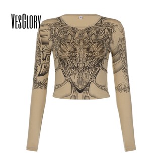 Vesglory เสื้อครอปท็อป แขนยาว คอกลม พิมพ์ลาย สีพื้น ทรงสลิมฟิต แฟชั่นสําหรับผู้หญิง 2023