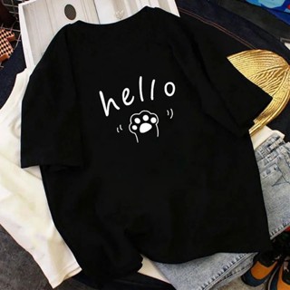 ราคาถูก HELLO เสื้อยืดผ้าฝ้ายพิมพ์ลายตีนแมวแขนสั้นสไตล์สาวน่ารัก เสื้อคู่