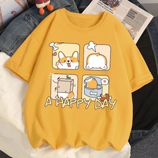 ราคาถูก เสื้อยืดคอกลมแขนสั้นพิมพ์ลายน่ารัก Corgi Cotton 100%คอกลม เสื้อคู่