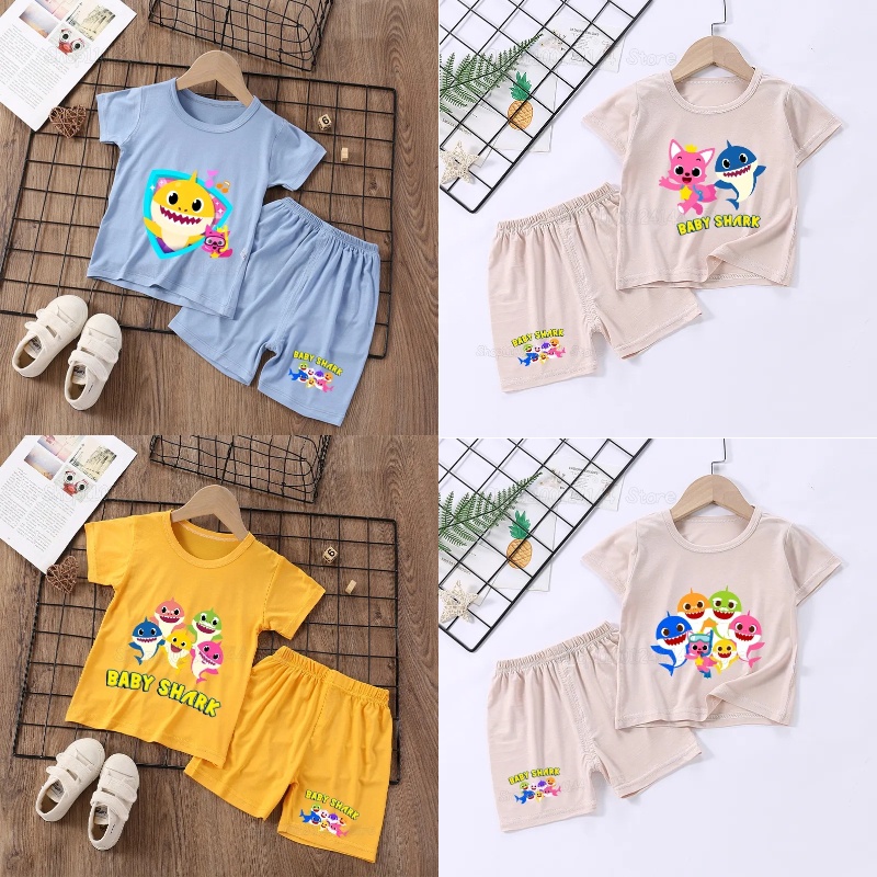 ชุดนอนเสื้อยืดแขนสั้น ลายฉลาม แบบบาง เหมาะกับฤดูร้อน สําหรับเด็กผู้ชาย และเด็กผู้หญิง