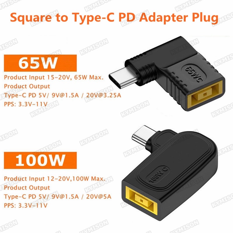 65W 100W PD Converter Lenovo Square to USB Type C อะแดปเตอร์ชาร์จไฟ USB-C เอาต์พุตชายสแควร์อินพุตหญิงสําหรับ Mac Book แล็ปท็อปโทรศัพท์