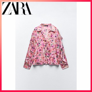 Zara ใหม่ เสื้อเชิ้ต พิมพ์ลายดอกไม้ ตกแต่งเลเยอร์ สําหรับผู้หญิง