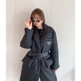 WBOS PRA * A 23 autumn and winter New Big corner label big pocket cotton clip down cotton long belt coat decoration slim fashion