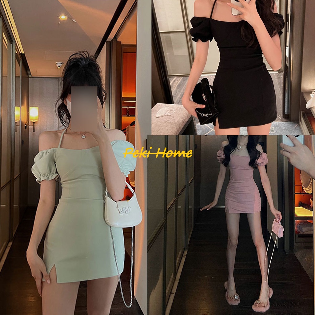 พร้อมส่ง เดรสเเฟชั่นเปิดไหล่คล้องคอสีพื้นๆสไตล์เกาหลีเซ็กซี่