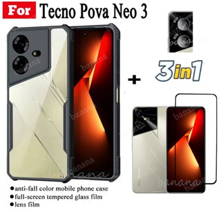 3in1 Tecno Pova Neo 3 เคสโทรศัพท์มือถือ กันตก สําหรับ Pova 5 4 3 2 Pova Neo 2 ฟิล์มกระจกนิรภัย + ฟิล์มเลนส์