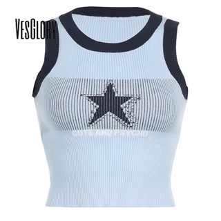 Vesglory เสื้อกล้าม คอกลม เข้ารูป พิมพ์ลายดาว สีตัดกัน แฟชั่นสําหรับผู้หญิง 2023