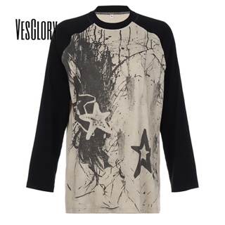 Vesglory เสื้อครอปท็อปลําลอง แขนยาว คอกลม ทรงหลวม พิมพ์ลายดาว สีตัดกัน แฟชั่นสําหรับสตรี 2023