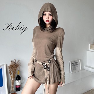 Rekiy ใหม่ ชุดมินิเดรส แขนยาว มีฮู้ด ทรงสลิมฟิต สีพื้น สําหรับผู้หญิง 2023