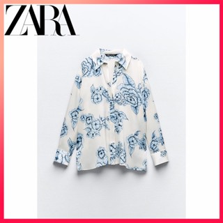 Zara ใหม่ เสื้อเบลาส์ ผ้าซาติน พิมพ์ลายดอกไม้ สําหรับผู้หญิง