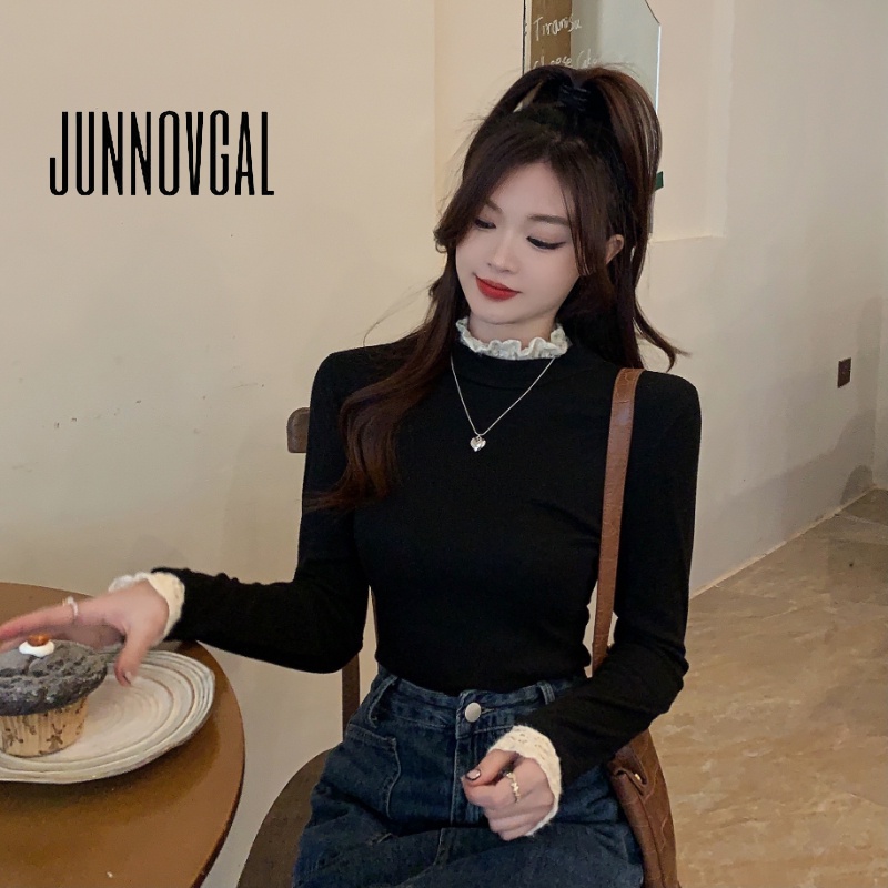 JUNNOVGAL ผู้หญิงแฟชั่นใหม่แคชเมียร์ครึ่งคอเต่าลูกไม้ภายในเสื้อยืดแขนยาว