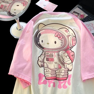 เสื้อยืดแขนสั้น แขนห้าส่วน ผ้าฝ้าย พิมพ์ลายการ์ตูน Sanrio Hello Kitty น่ารัก สไตล์ญี่ปุ่น เหมาะกับฤดูร้อน สําหรับผู้หญิง [ZXL]