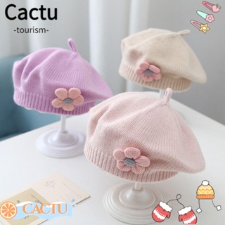 Cactu หมวกเบเร่ต์ ผ้าถัก ลายดอกไม้ ให้ความอบอุ่น สีพื้น แฟชั่นฤดูใบไม้ร่วง และฤดูหนาว สําหรับเด็ก