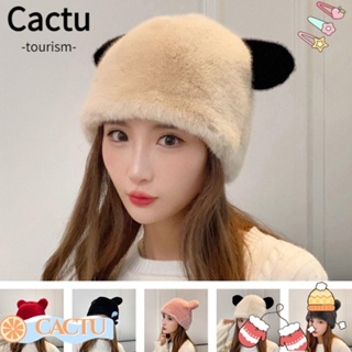 Cactu หมวกบักเก็ต แต่งขนเฟอร์ ป้องกันหู ให้ความอบอุ่น ลายการ์ตูนน่ารัก สีพื้น แฟชั่นฤดูหนาว สําหรับผู้หญิง