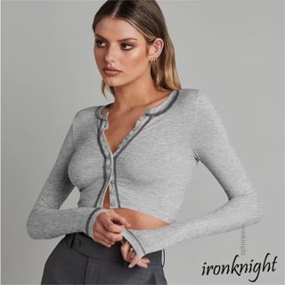 Ironknight- เสื้อครอปท็อปแขนยาวลําลอง เข้ารูป แต่งกระดุม แฟชั่นฤดูใบไม้ผลิ และฤดูใบไม้ร่วง สไตล์สตรีท สําหรับผู้หญิง