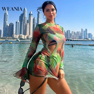 Weania ชุดมินิเดรส แขนยาว แขนพัฟ ฉลุลาย เซ็กซี่ สําหรับผู้หญิง