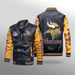 NFL Vikings football team custom jacket long-sleeved plus fleece warm stitching color PU leather baseball uniform windproof jacket