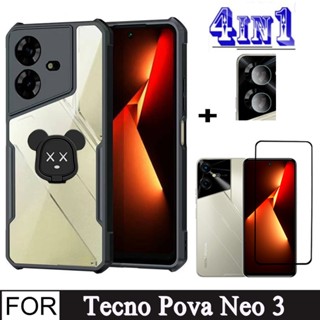 Tecno Pova Neo 3 ฟิล์มกระจกนิรภัย สําหรับ Tecno Pova 5 4 Pro 3 Neo 2 Spark Go 2023 10 7 Pro 10C 8C 7T 4in1 เคสโทรศัพท์ กันกระแทก และเลนส์กล้อง กระจก และแหวนนิ้ว หัวเข็มขัด