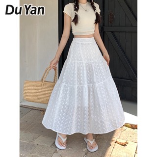 Du Yan Jacquard กระโปรงสวิง ผ้าแจ็คคาร์ด ปักลาย ยืดหยุ่น สีขาว สําหรับผู้หญิง