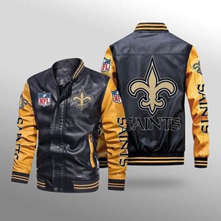 NFL Saints football team custom jacket long-sleeved plus fleece warm stitching color PU leather baseball uniform windproof jacket