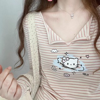 เสื้อยืดแขนยาว คอวี พิมพ์ลาย Sanrio Hello Kitty น่ารัก แฟชั่นฤดูใบไม้ผลิ และฤดูใบไม้ร่วง สําหรับผู้หญิง [ZXL]