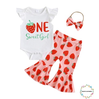 Babyclothes- ชุดรอมเปอร์ พิมพ์ลายตัวอักษร สตรอเบอร์รี่ และกางเกง ที่คาดผม แฟชั่นฤดูร้อน สําหรับเด็กผู้หญิง 3 ชิ้น