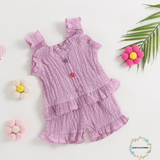 Babyclothes- เสื้อกล้าม แต่งระบาย สีพื้น และกางเกงขาสั้น แบบยืดหยุ่น แฟชั่นฤดูร้อน สําหรับเด็กผู้หญิง 2 ชิ้น