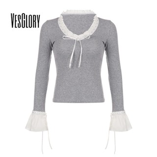 Vesglory เสื้อครอปท็อป แขนยาว คอวี เข้ารูป พิมพ์ลายโบว์ สีตัดกัน แฟชั่นสําหรับผู้หญิง 2023