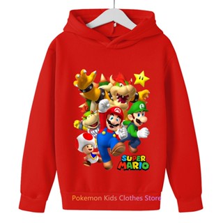 เสื้อกันหนาว มีฮู้ด แบบสวม พิมพ์ลายการ์ตูนเกม Super Mario แฟชั่นฤดูใบไม้ร่วง สําหรับเด็กผู้ชาย และเด็กผู้หญิง