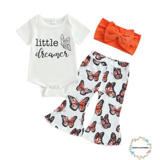 Babyclothes- ชุดรอมเปอร์ แขนสั้น พิมพ์ลายผีเสื้อ และกางเกง ประดับโบว์ ที่คาดผม สําหรับเด็กทารก