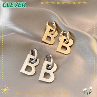 Clever ต่างหูโลหะ รูปตัวอักษร B Drop สไตล์มินิมอล ถอดได้ สีทอง สีเงิน สําหรับผู้หญิง