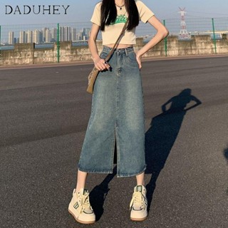 DaDuHey🎈 Casual Plain Pocket Basic Denim Skirts for Women New Retro Denim Skirt Mid-Length Sliding A-Line Dress Split Skirt