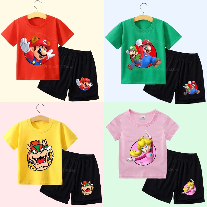 ชุดนอน เสื้อแขนสั้น กางเกงขาสั้น ผ้าฝ้าย ระบายอากาศได้ดี ลาย Super Mario Brothers แฟชั่นฤดูร้อน สําหรับเด็กผู้ชาย และเด็กผู้หญิง