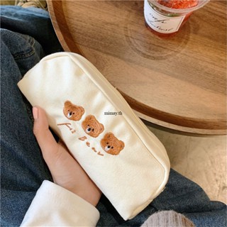 Bear Multilayer Canvas Pencil Bag กระเป๋าเครื่องสำอางความจุขนาดใหญ่กระเป๋าใส่เครื่องเขียน Unisex กล่องดินสอสีดำ mimay