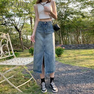 DaDuHey🎈 Casual Plain Pocket Basic Denim Skirts for Women New Retro Denim Skirt Mid-Length Sliding A-Line Dress Split Skirt