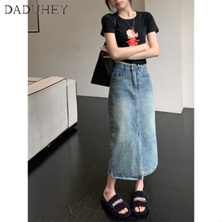 DaDuHey🎈 Women New Retro Casual Plain Pocket Basic Denim Skirt Mid-Length Sliding A-Line Dress Split Skirt