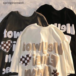 [springevenwell] เสื้อยืดลําลอง แขนสั้น คอกลม พิมพ์ลายตัวอักษร ทรงหลวม แฟชั่นฤดูร้อน สําหรับสตรี